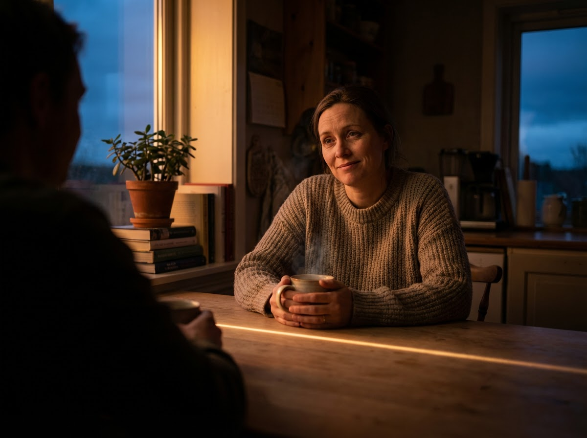 Woman sitting at a kitchen table at dusk holding a mug, with soft light suggesting emotional boundaries and self-protection.