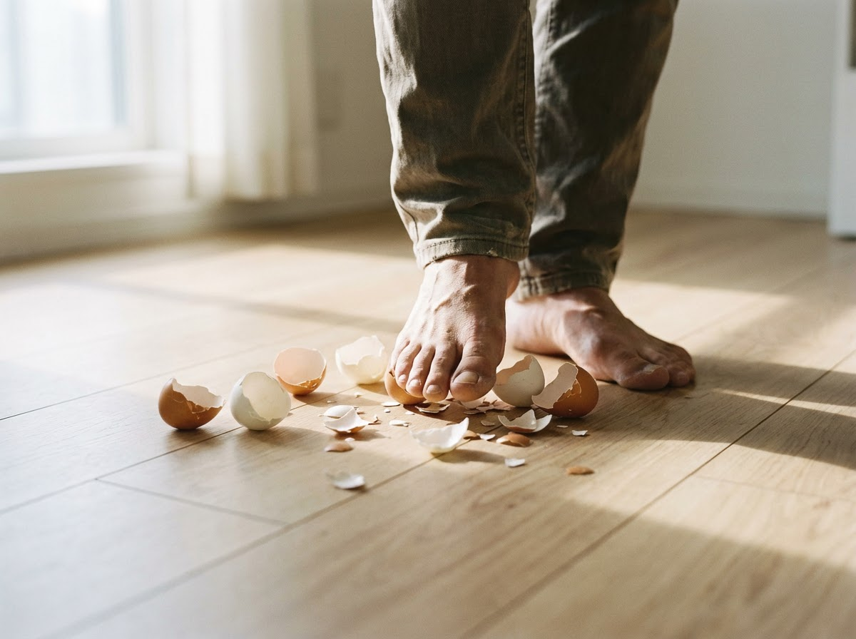 Close-up of feet stepping carefully on eggshells, symbolizing hypervigilance while living with a narcissist.