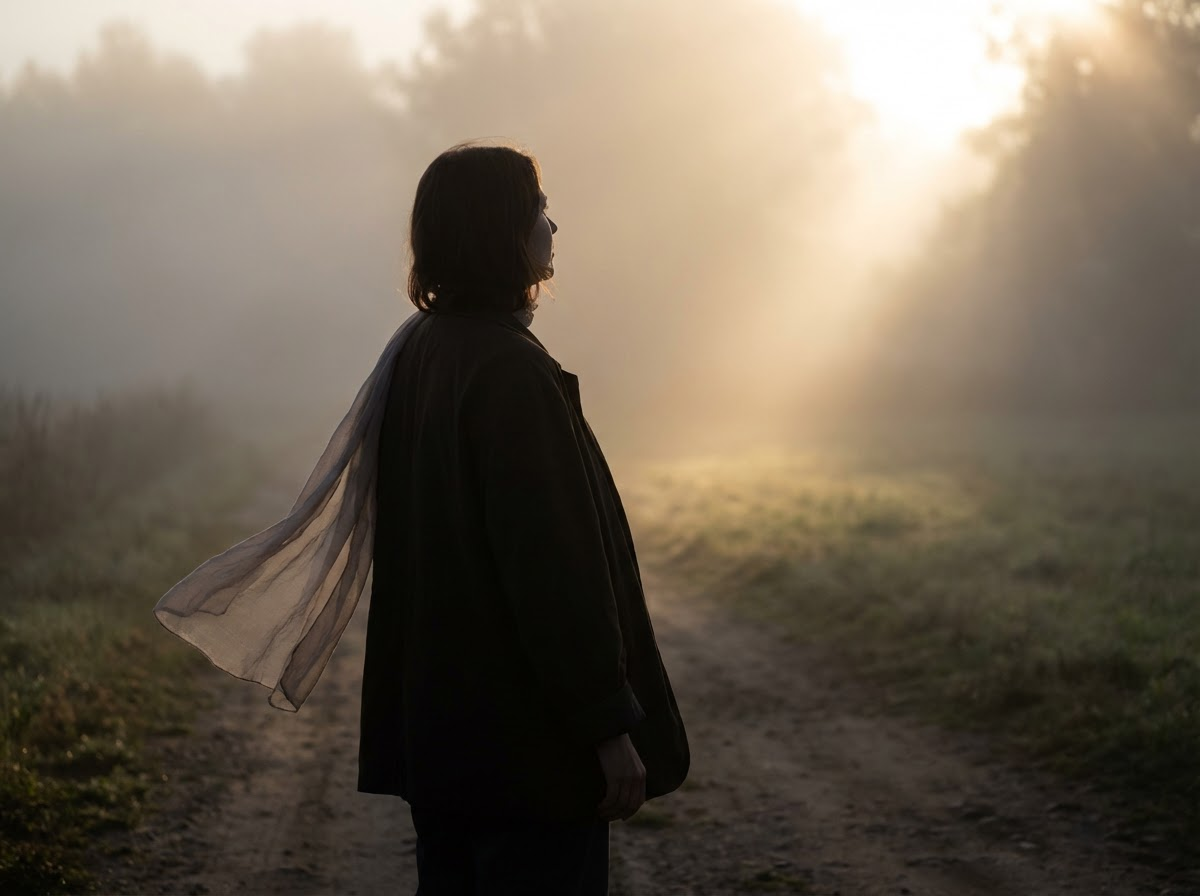 Woman in morning fog looking toward sunlight, representing moving out of fear, obligation, and guilt into clarity.