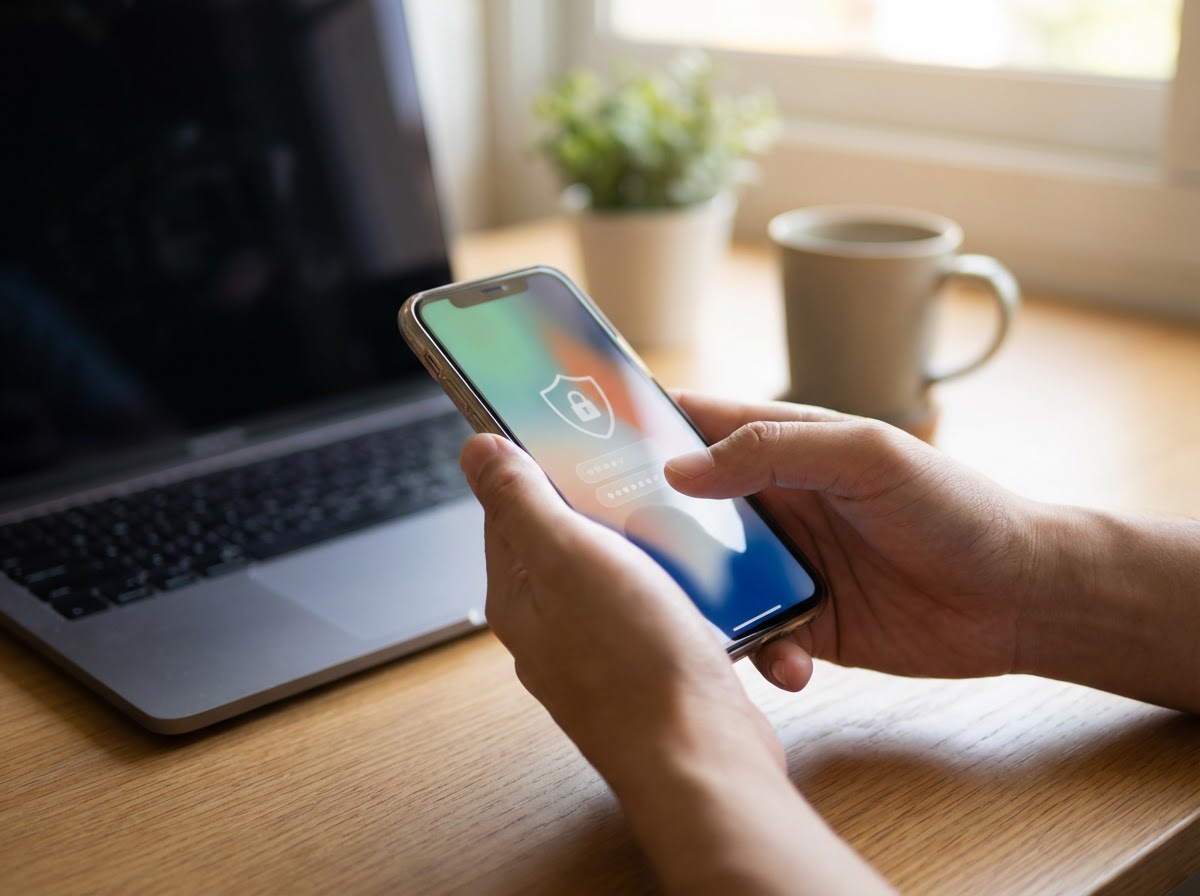 Hands updating phone security settings, representing digital boundaries and privacy protection.