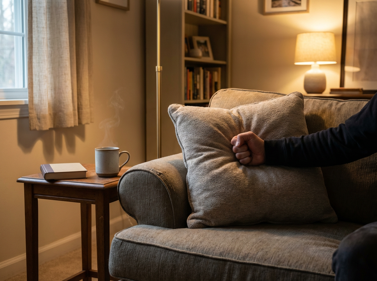 Clenched fist pressing into a pillow near an untouched cup of tea, symbolizing provocation and your choice of calm.