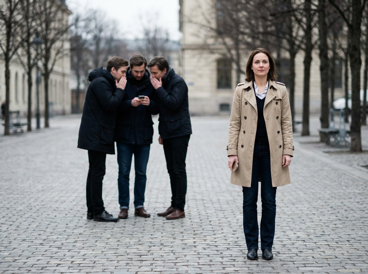 Blurred people whispering over a phone while a woman stands grounded, symbolizing smear campaigns and staying steady.