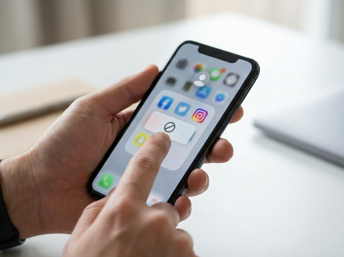 Hand blocking a contact on a smartphone, representing creating a safe digital boundary.