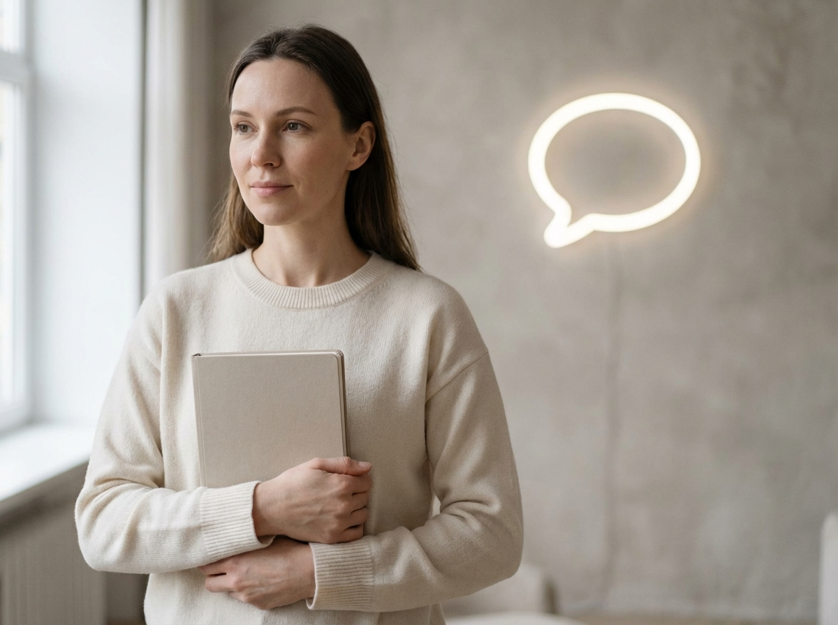 Woman holding a closed notebook, symbolizing choosing silence instead of defending or explaining.