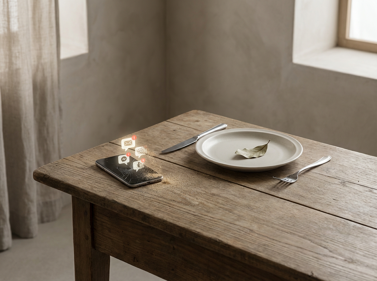 Smartphone with unread notifications fading beside an empty plate, symbolizing how silence starves narcissistic supply.