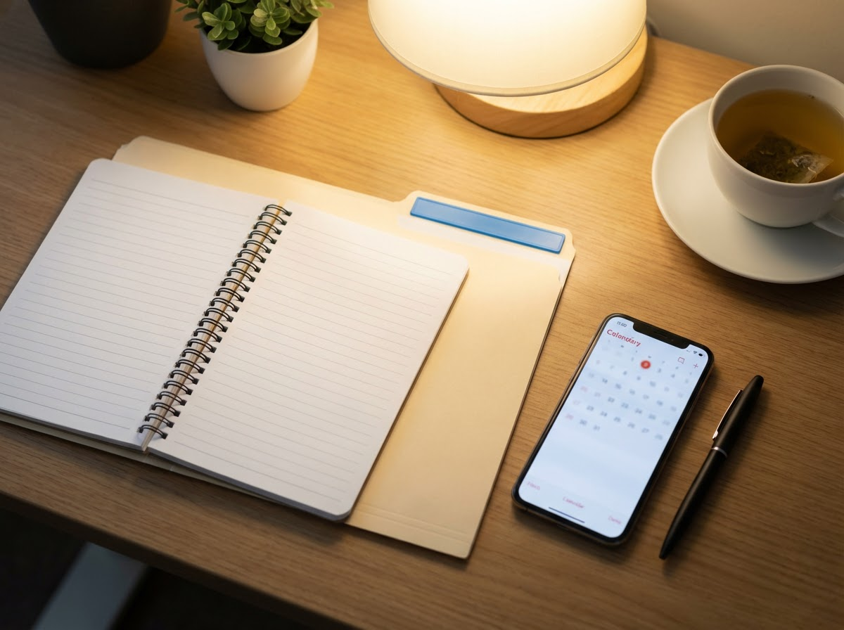 Warm desk scene with an open spiral notebook on a folder, a smartphone showing a calendar