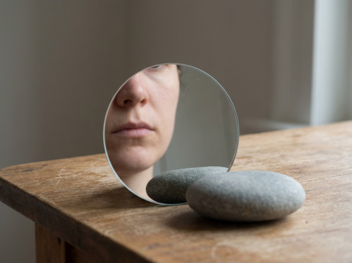 staring at a gray rock in a mirror
