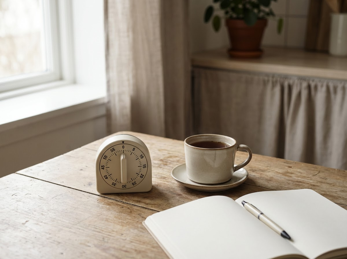 Kitchen timer beside a cup of tea and an open notebook