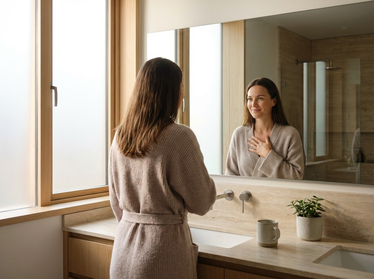 Woman reflecting in bathroom mirror