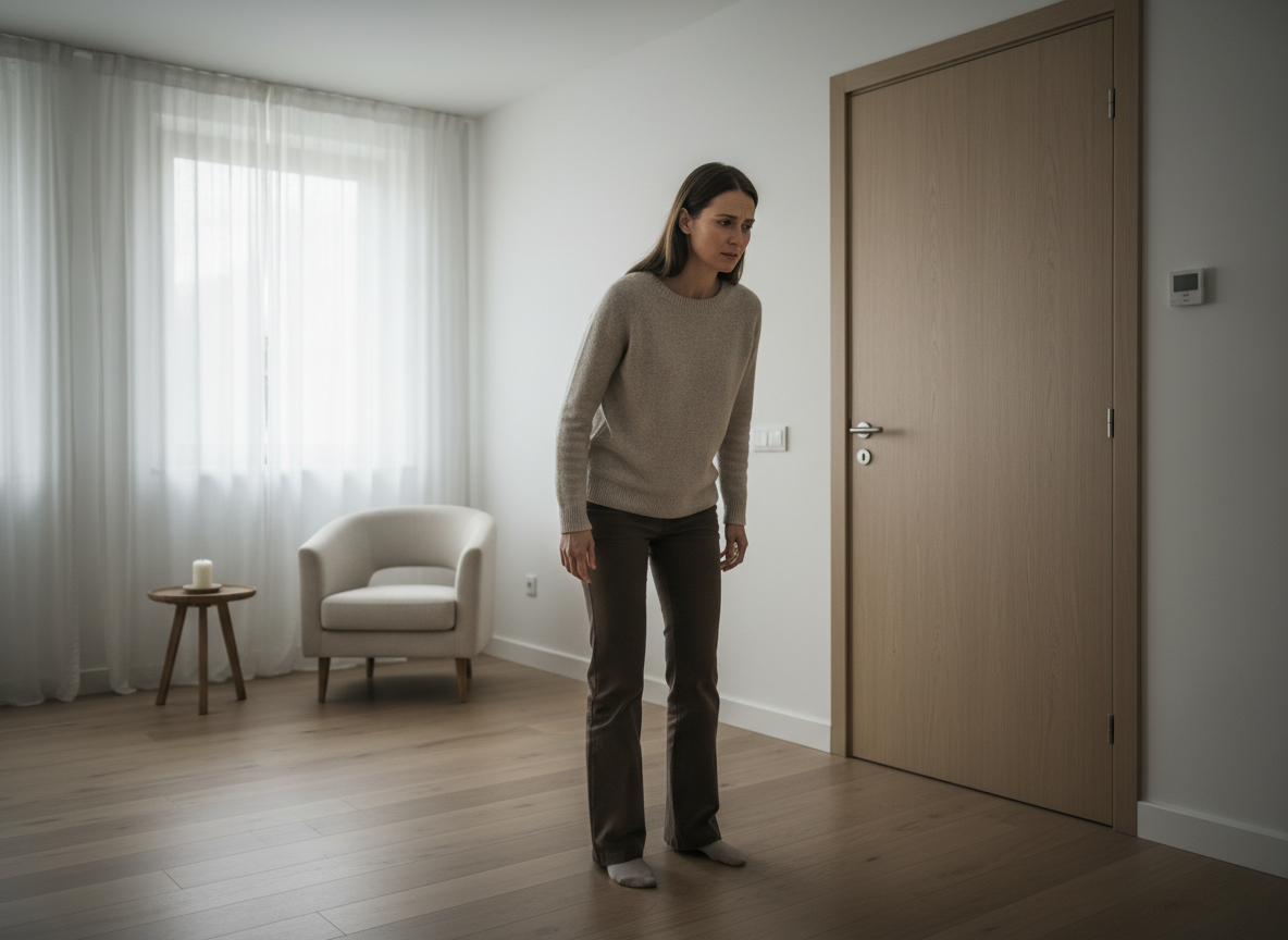 Woman standing in empty room.