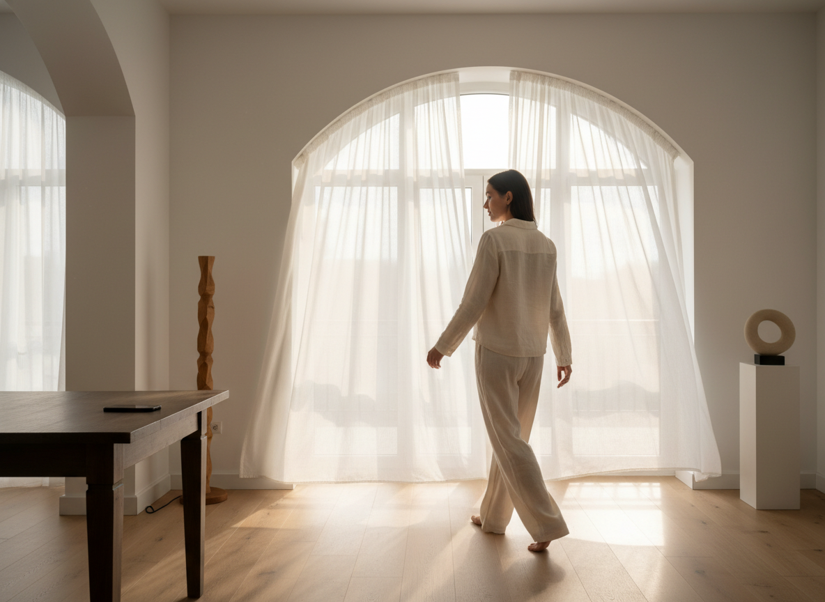 Woman walking in sunlit room.