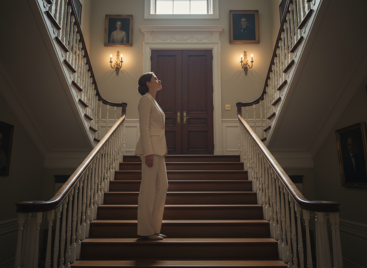 Woman standing on staircase, contemplative pose.