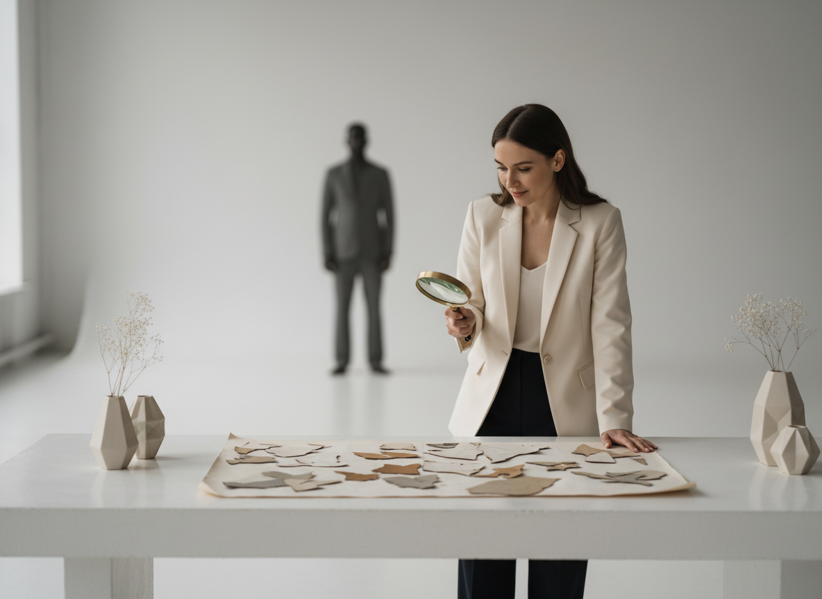 Woman examining art with magnifying glass