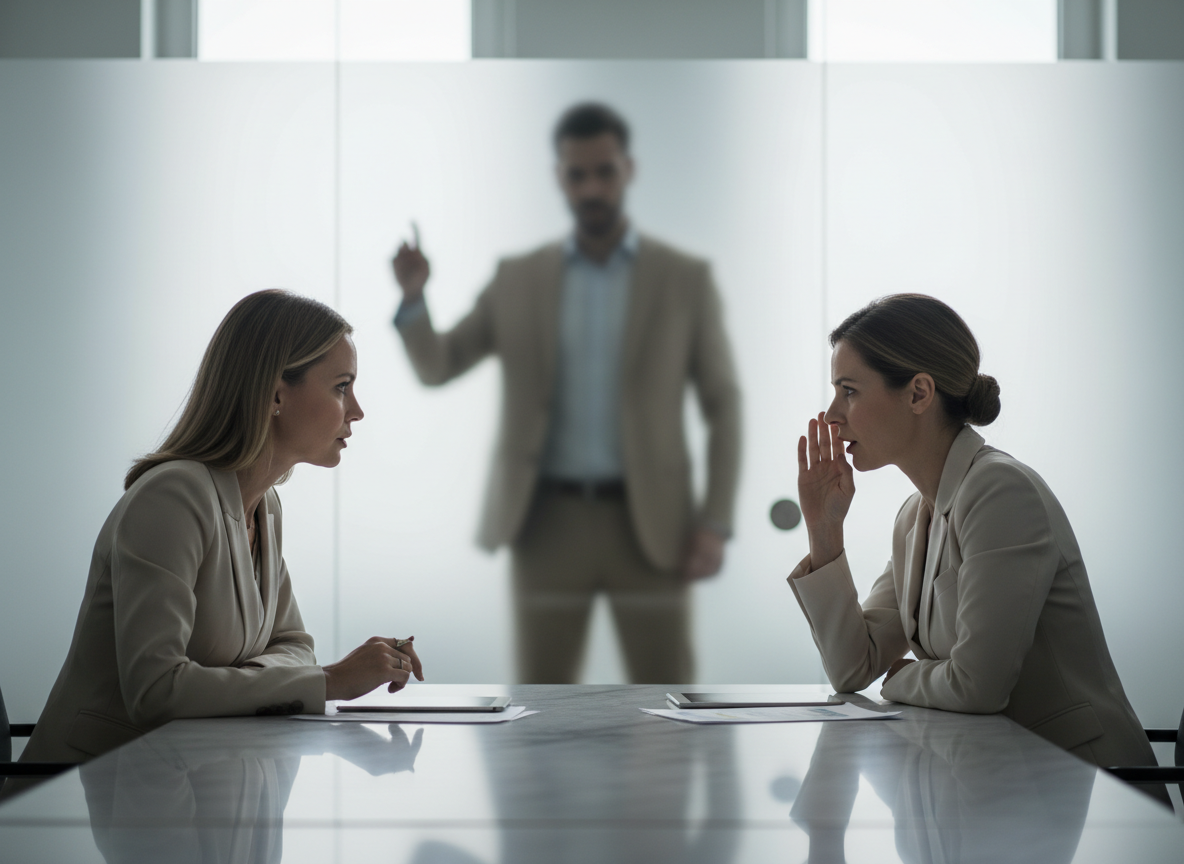 Two women in tense conversation, man observing