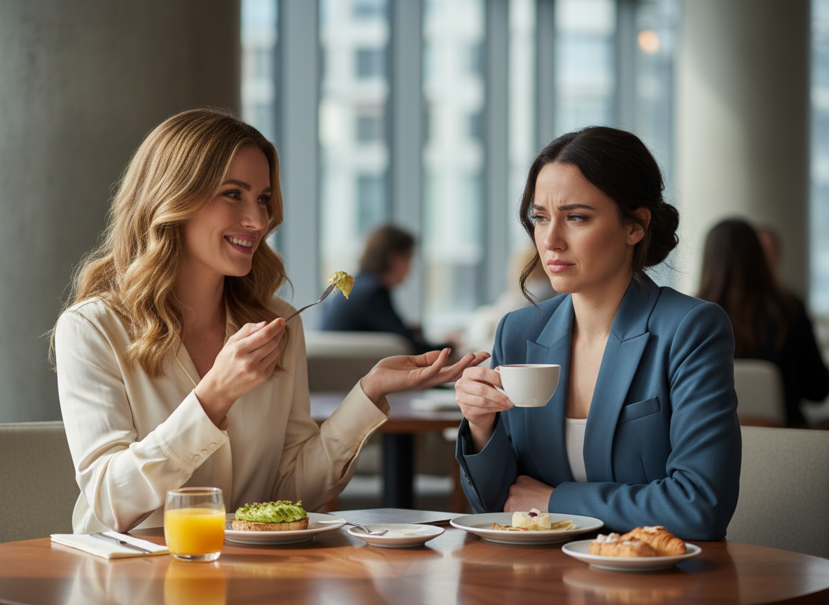 Two women dining, one looks annoyed.