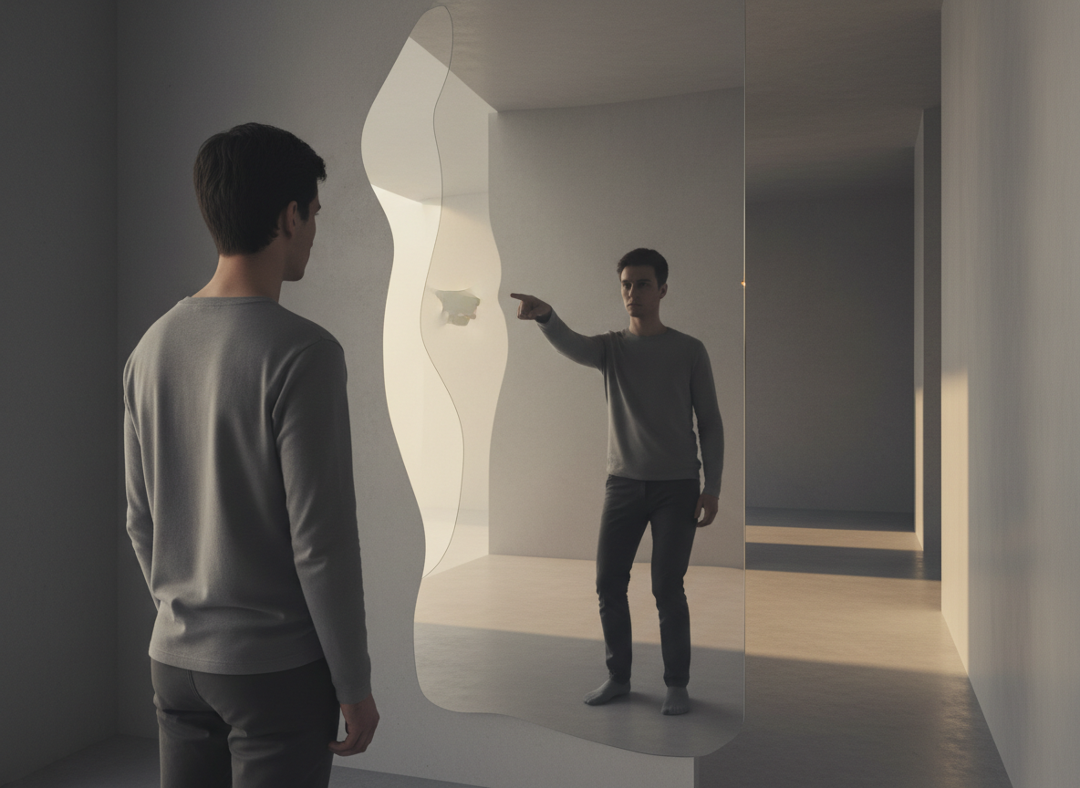 Man pointing at distorted mirror reflection