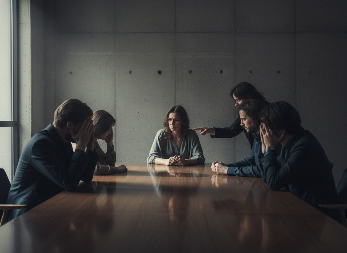 Tense meeting with accusatory gestures.