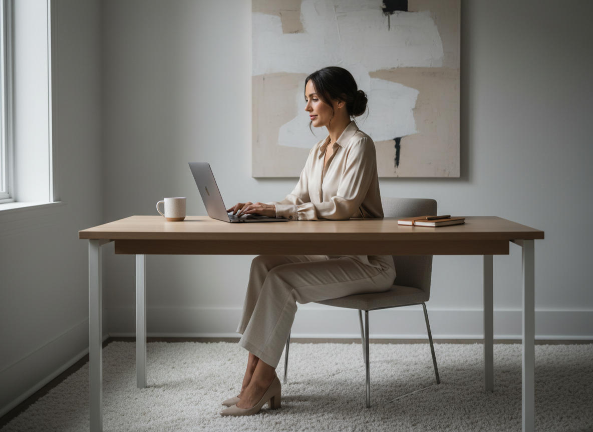 Woman working at a minimalist desk