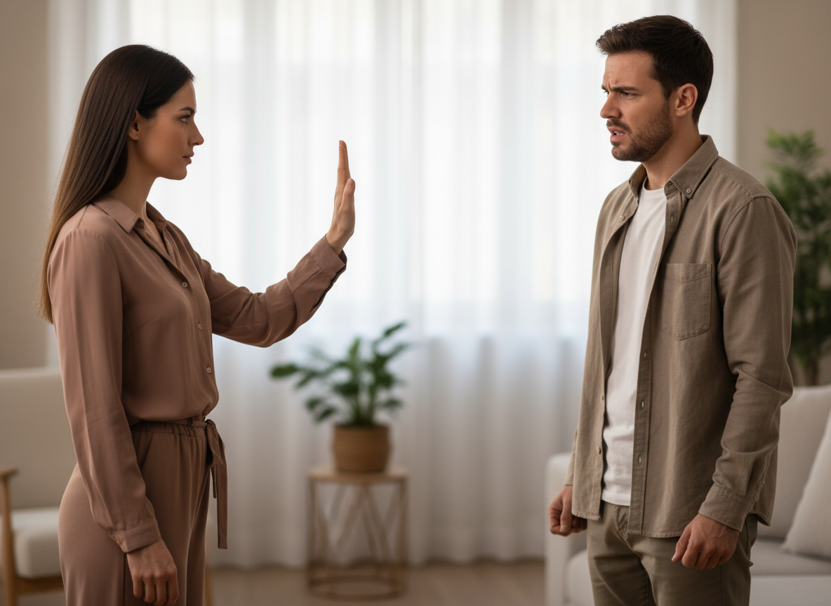 Woman asserting boundaries with man