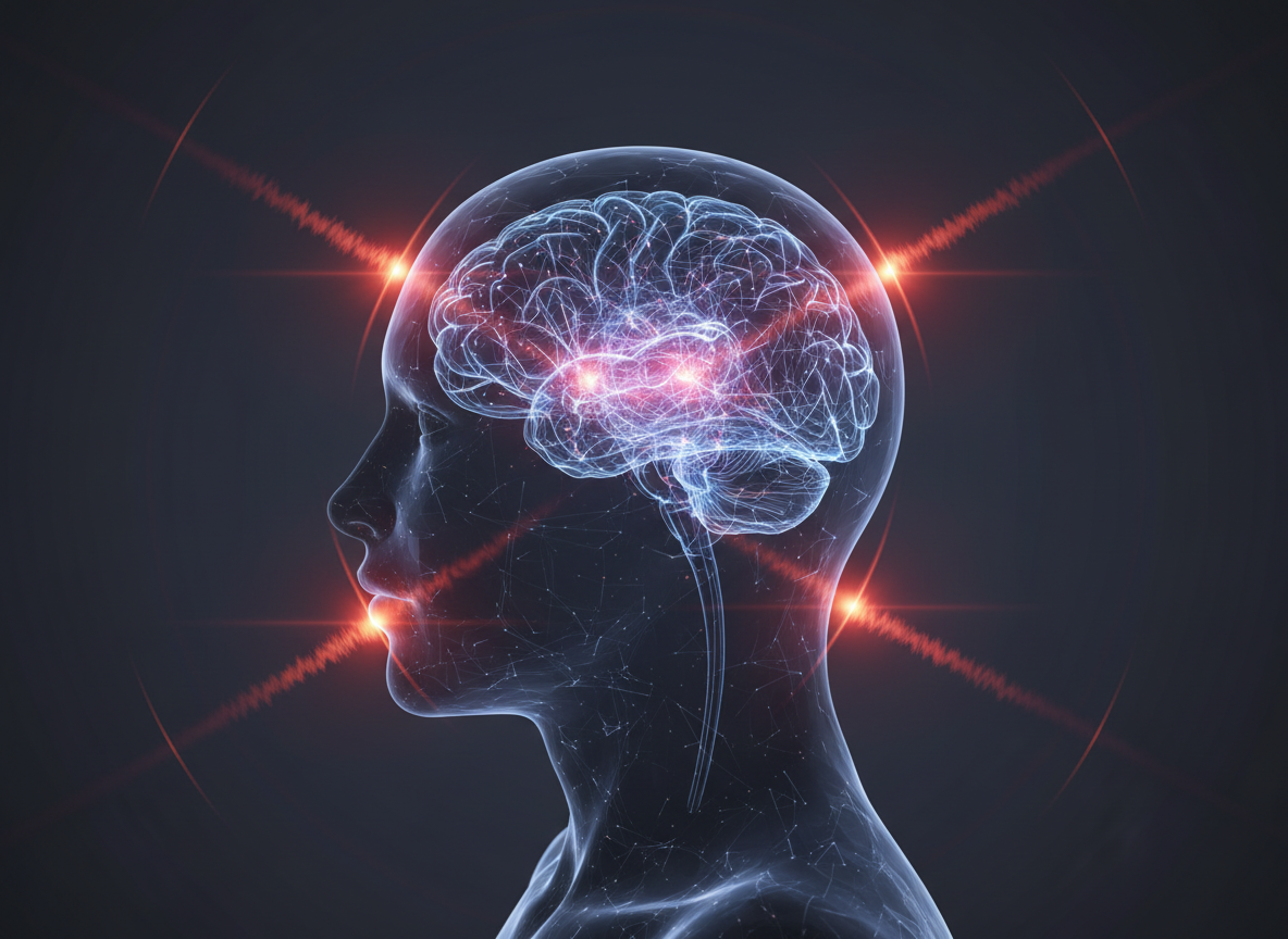 Glowing brain silhouette with energy bursts