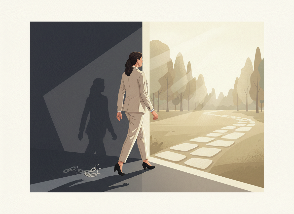 Woman stepping into a brighter future.