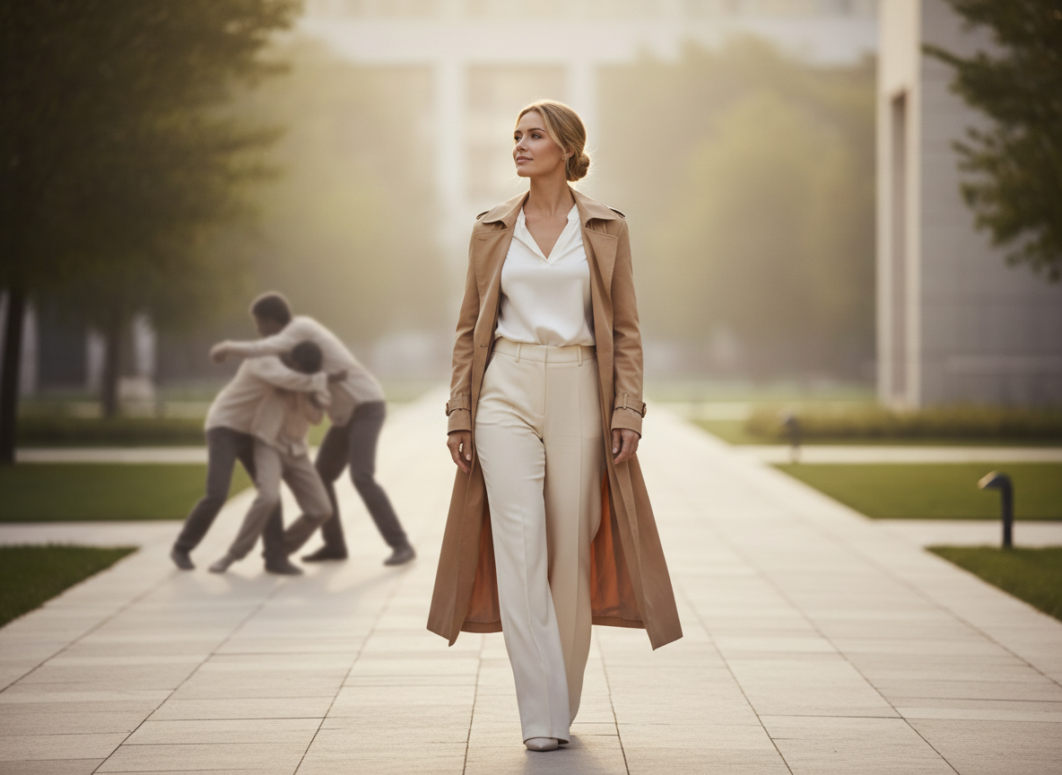 Confident woman walking in urban setting
