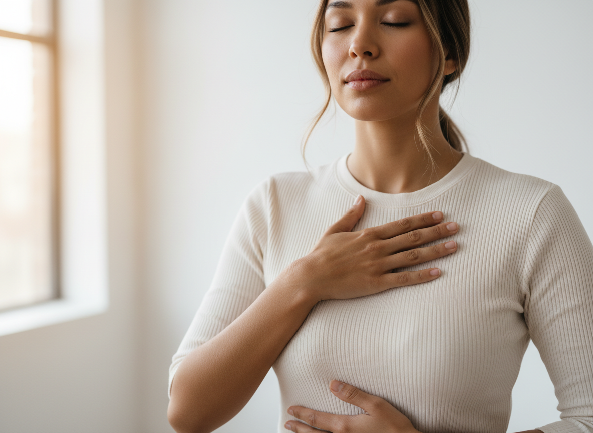 Woman practicing mindful breathing exercise.