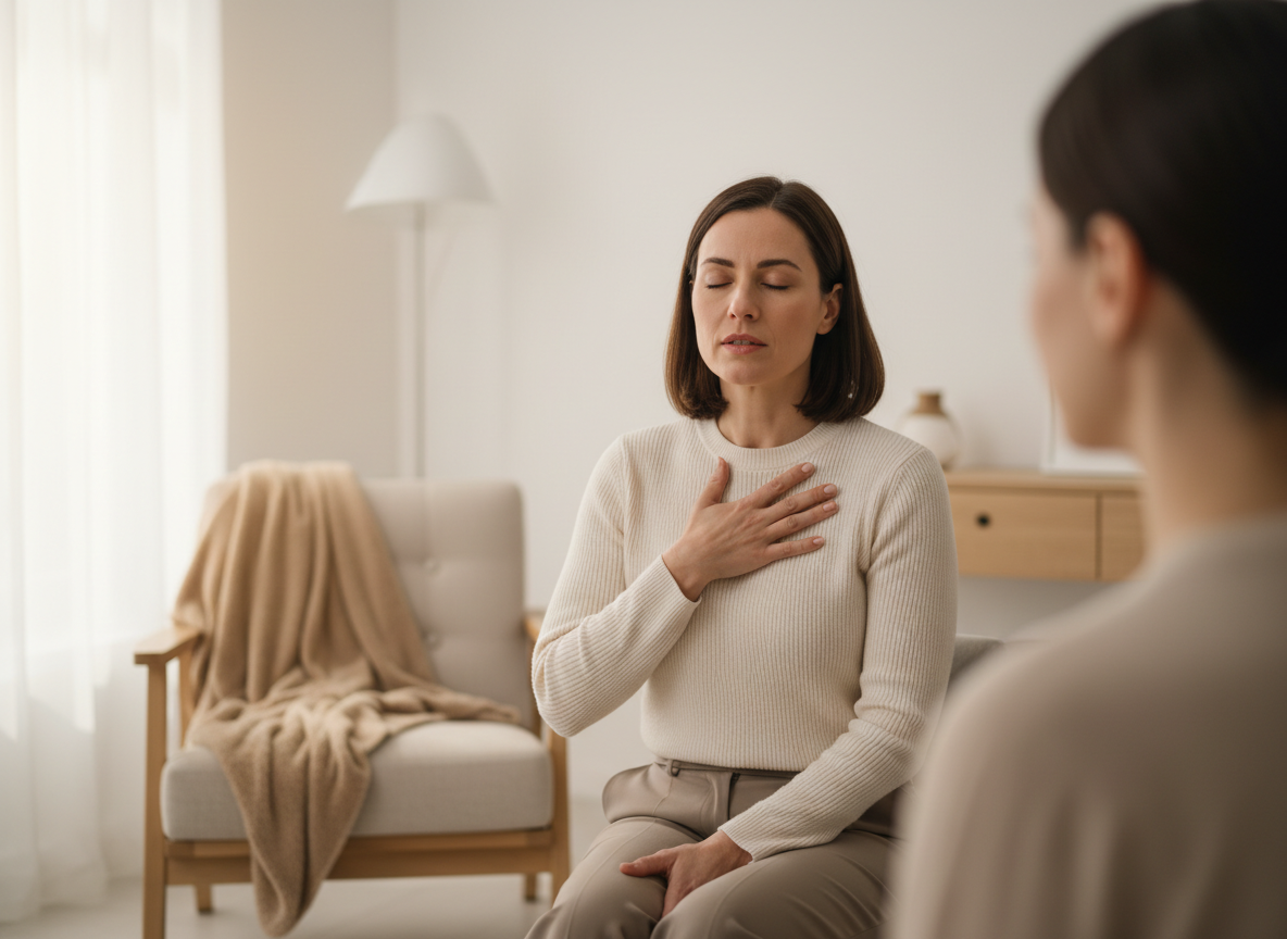 Woman practicing mindfulness in serene setting.