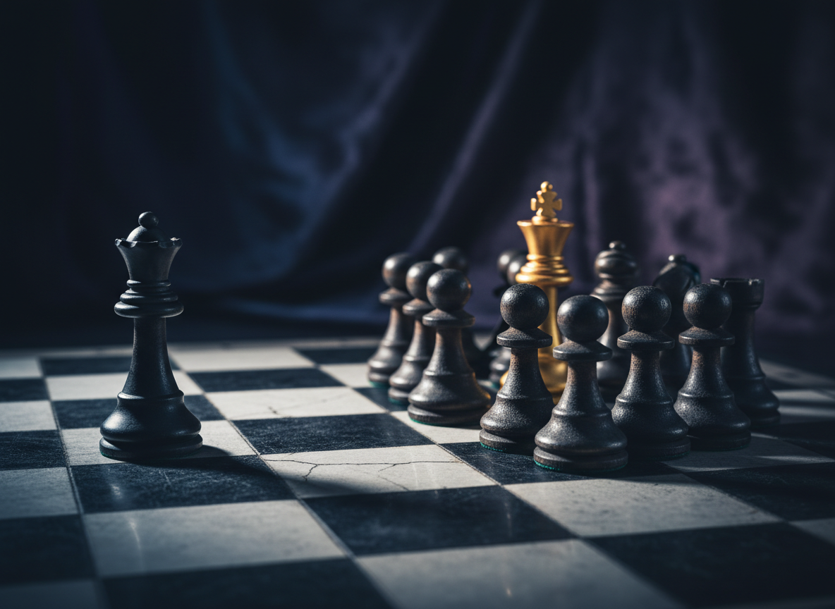 Chess pieces on a dramatic board