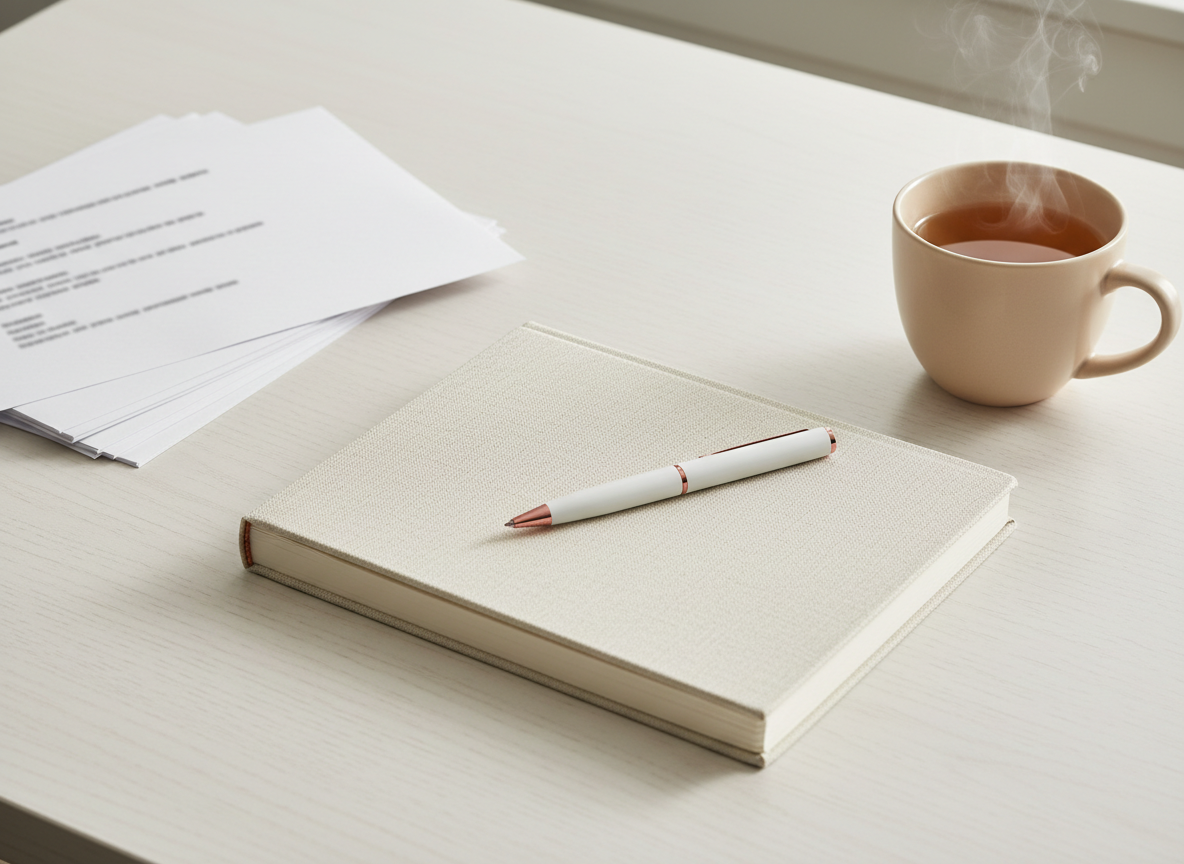 Notebook, pen, tea, and papers.