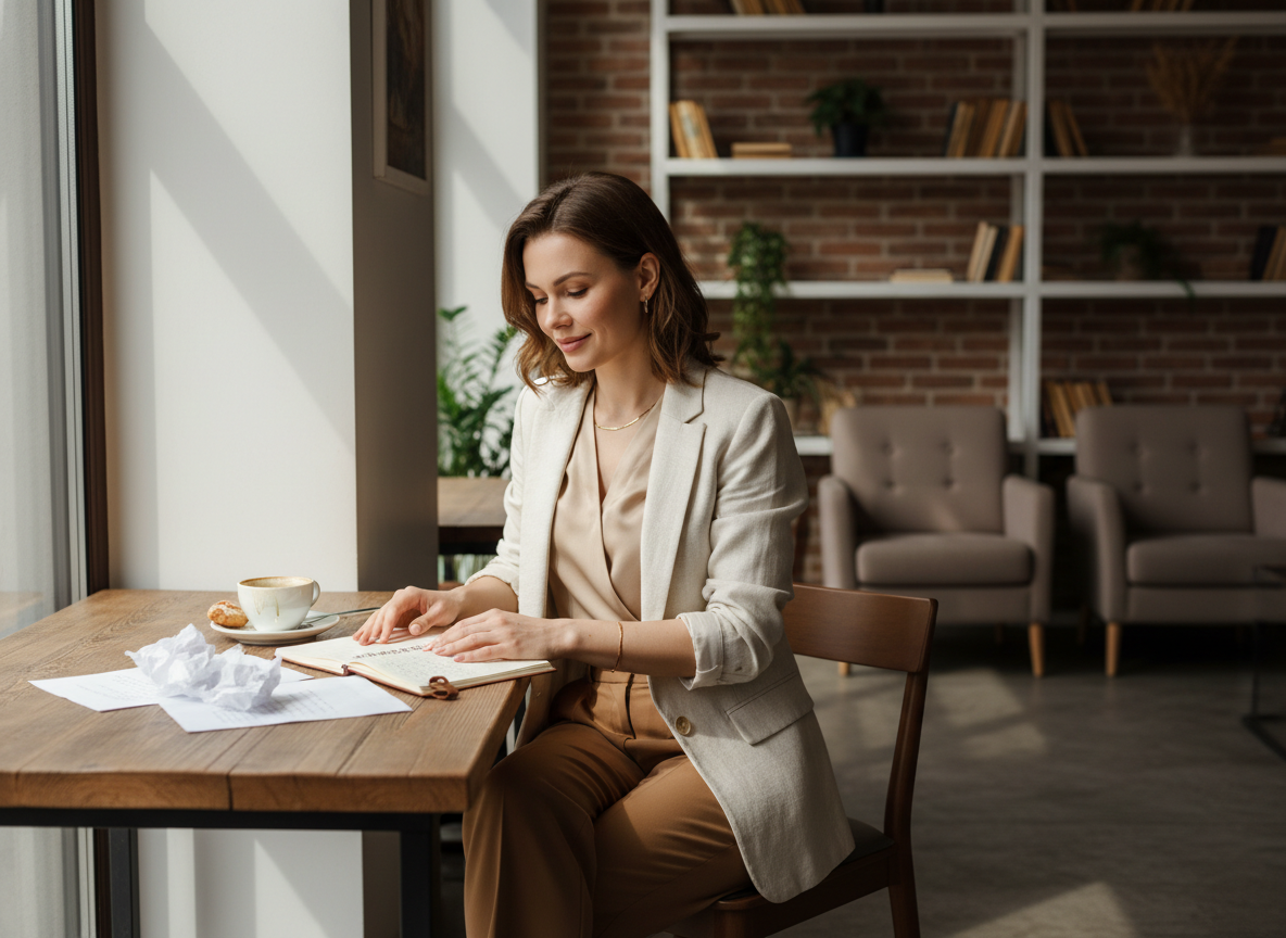 Woman working in a cozy café.