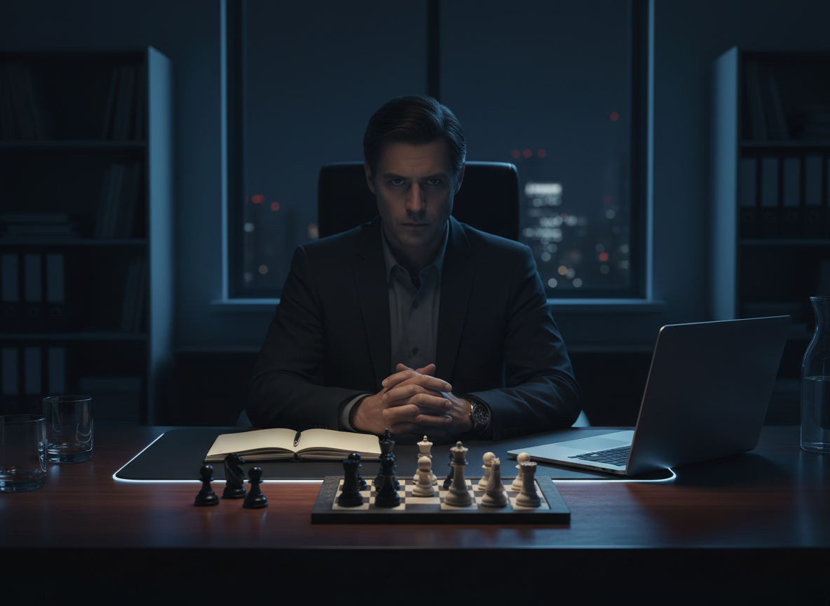 Man contemplating chess in dim office