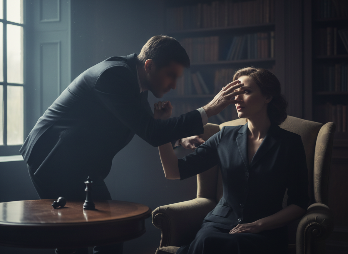 Intense confrontation in a dim room.