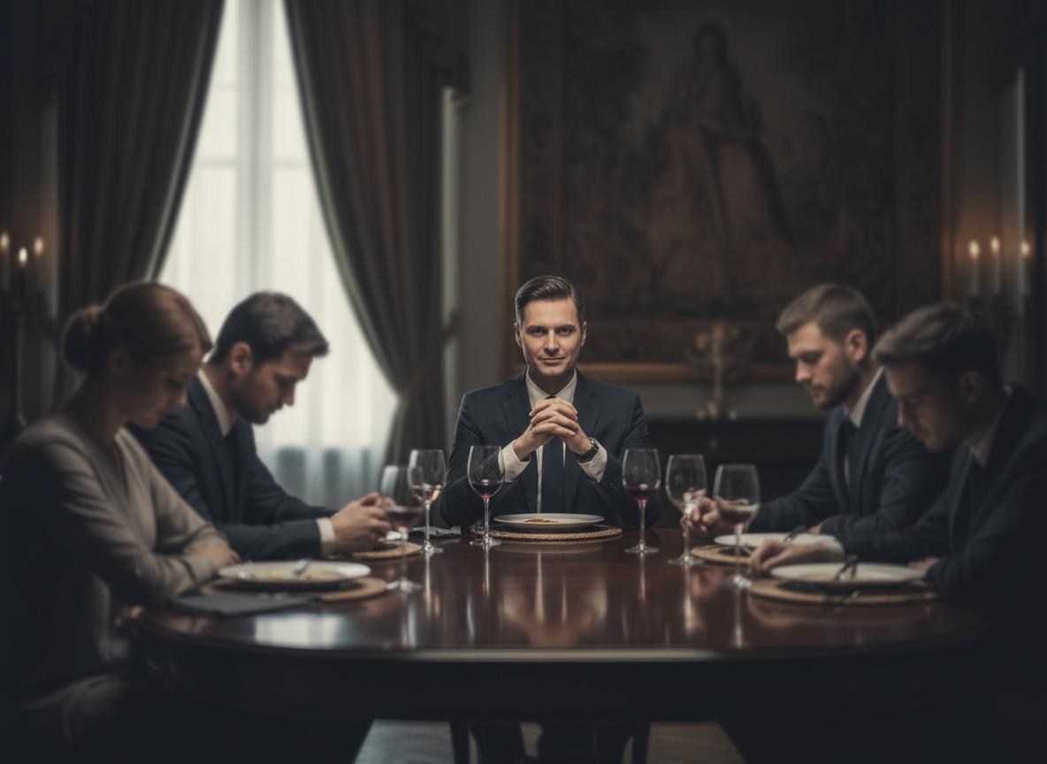 Formal dinner with tense atmosphere.