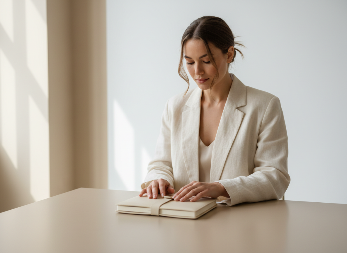 Woman in blazer reading a book