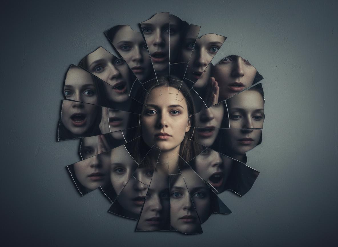 Fragmented reflections of a woman's face