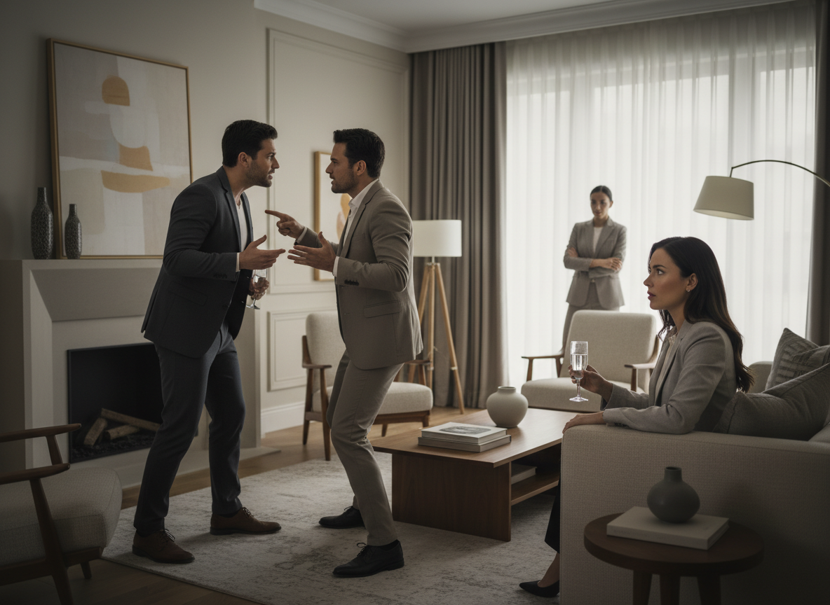 Two men arguing, woman observing calmly.