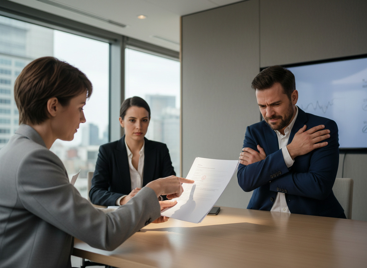 Serious meeting with tense expressions.