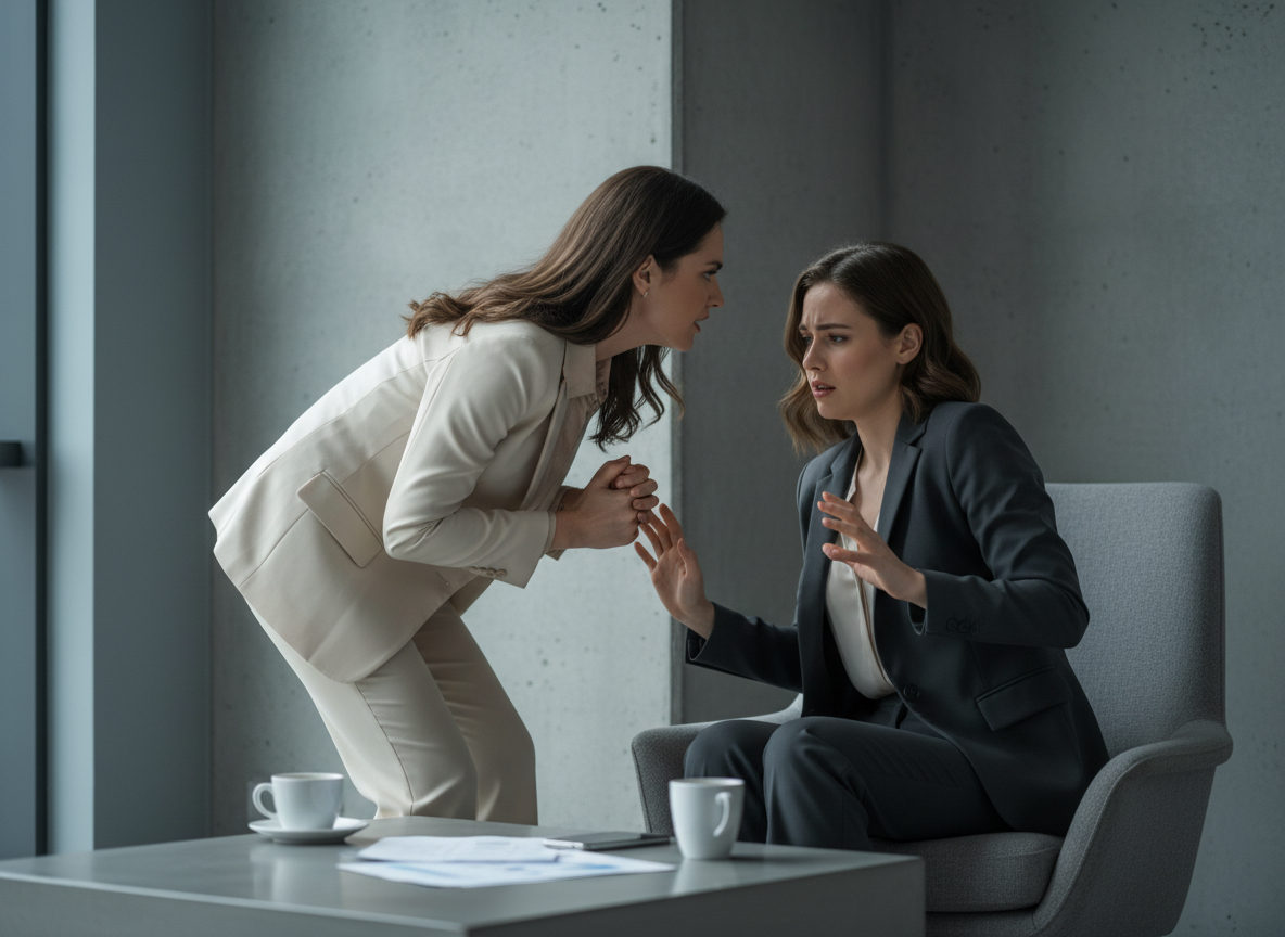 Two women in tense conversation.