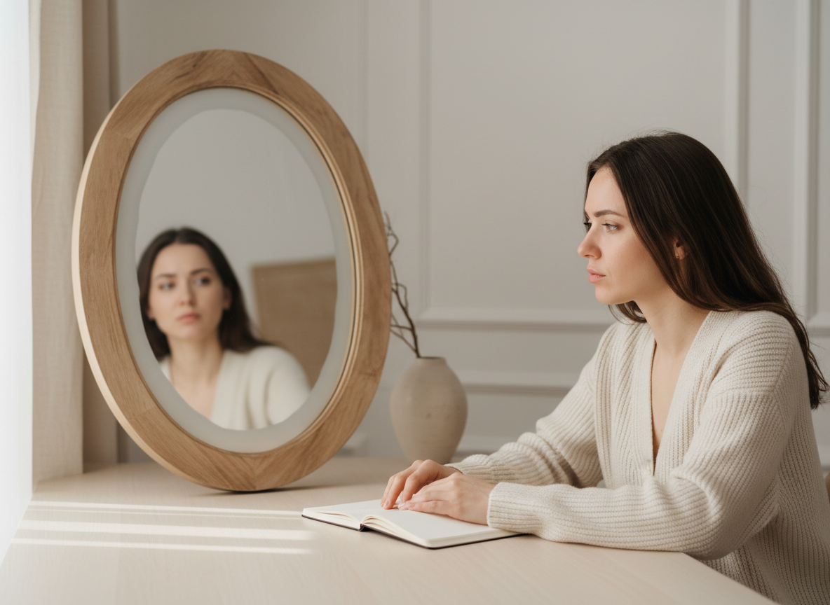 Woman reflecting in mirror, contemplative mood.