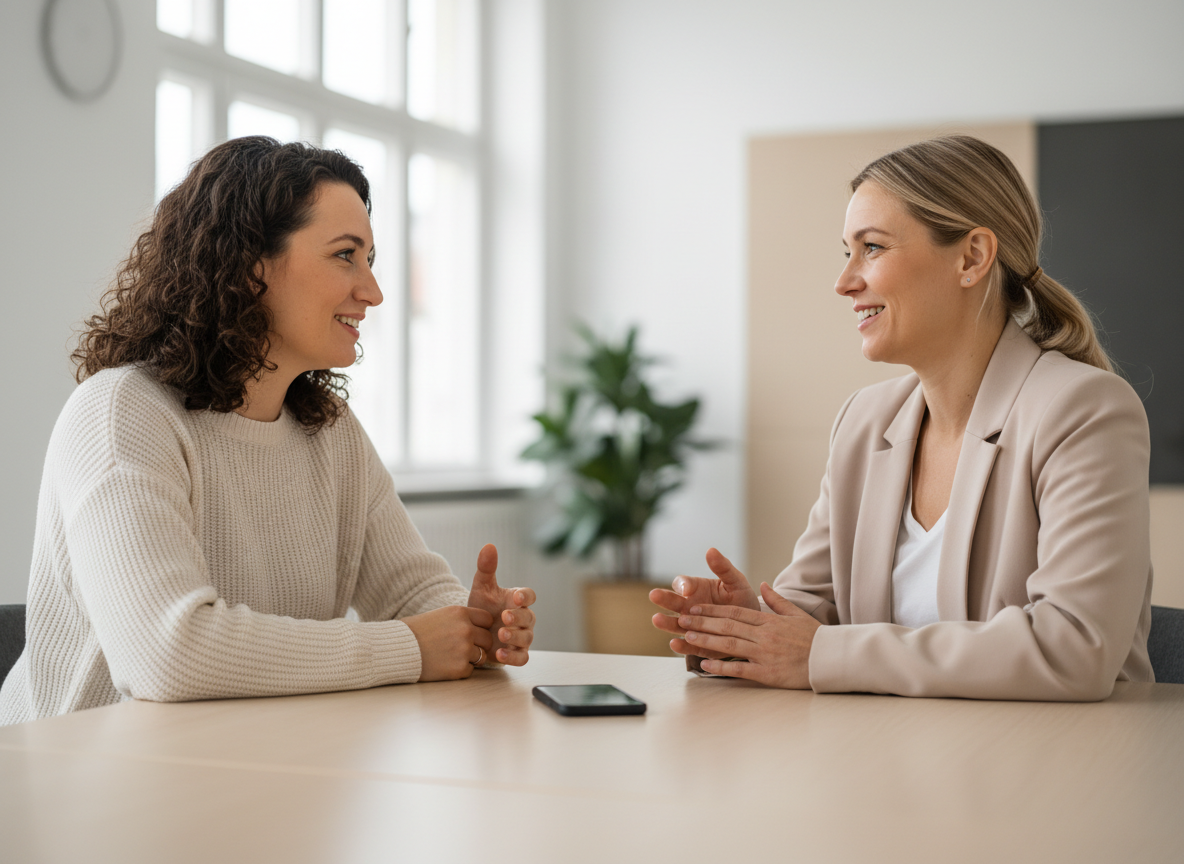 Two women engaged in conversation.