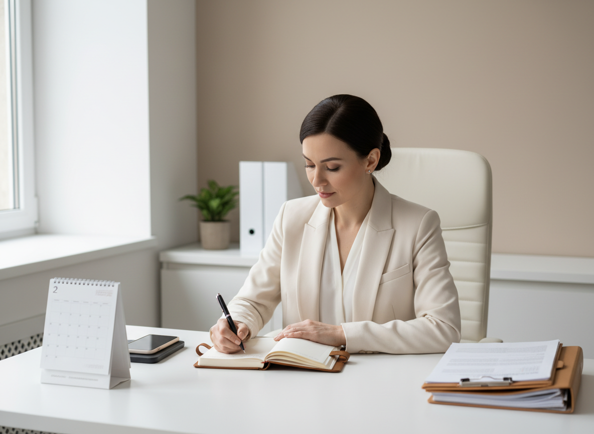 Woman writing notes at desk