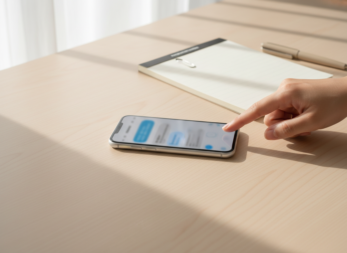 Hand interacting with smartphone on table