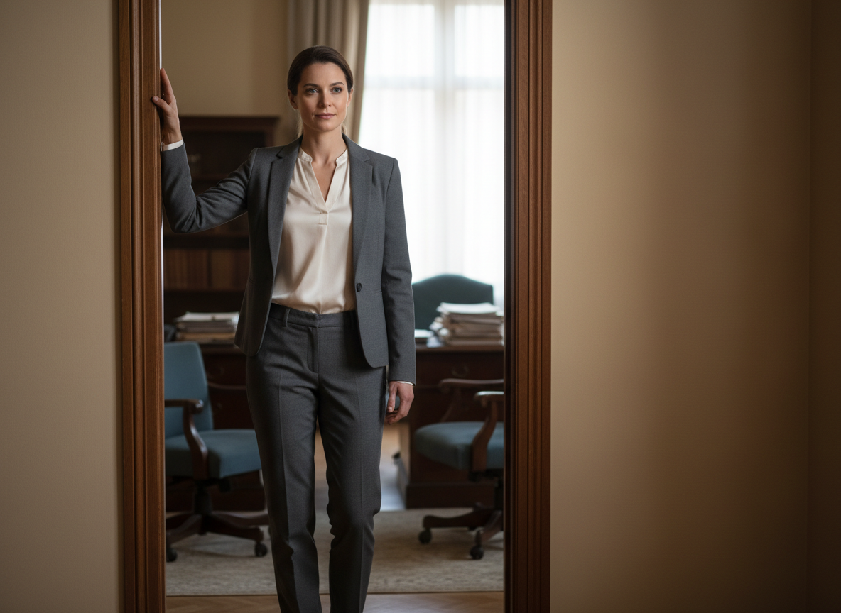 Professional woman standing in doorway.