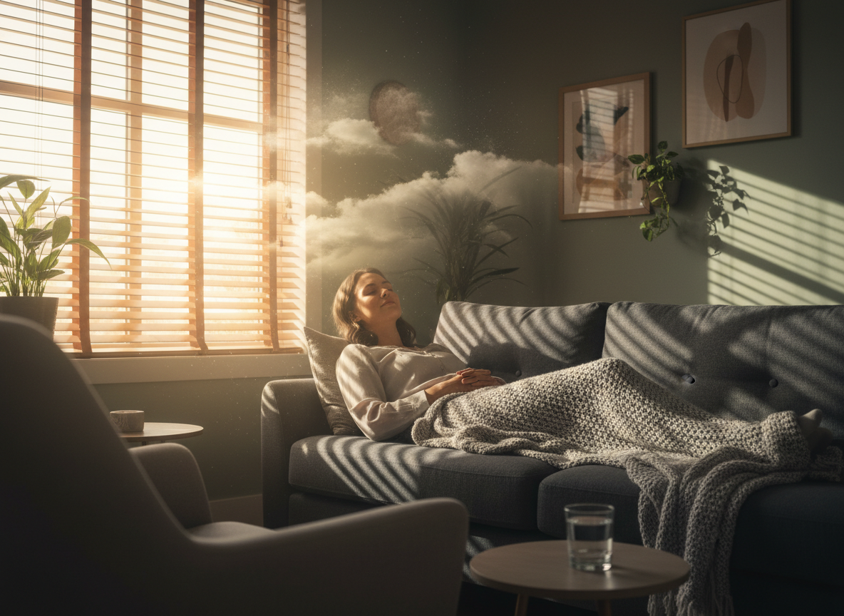 Woman dreaming on a cozy couch.