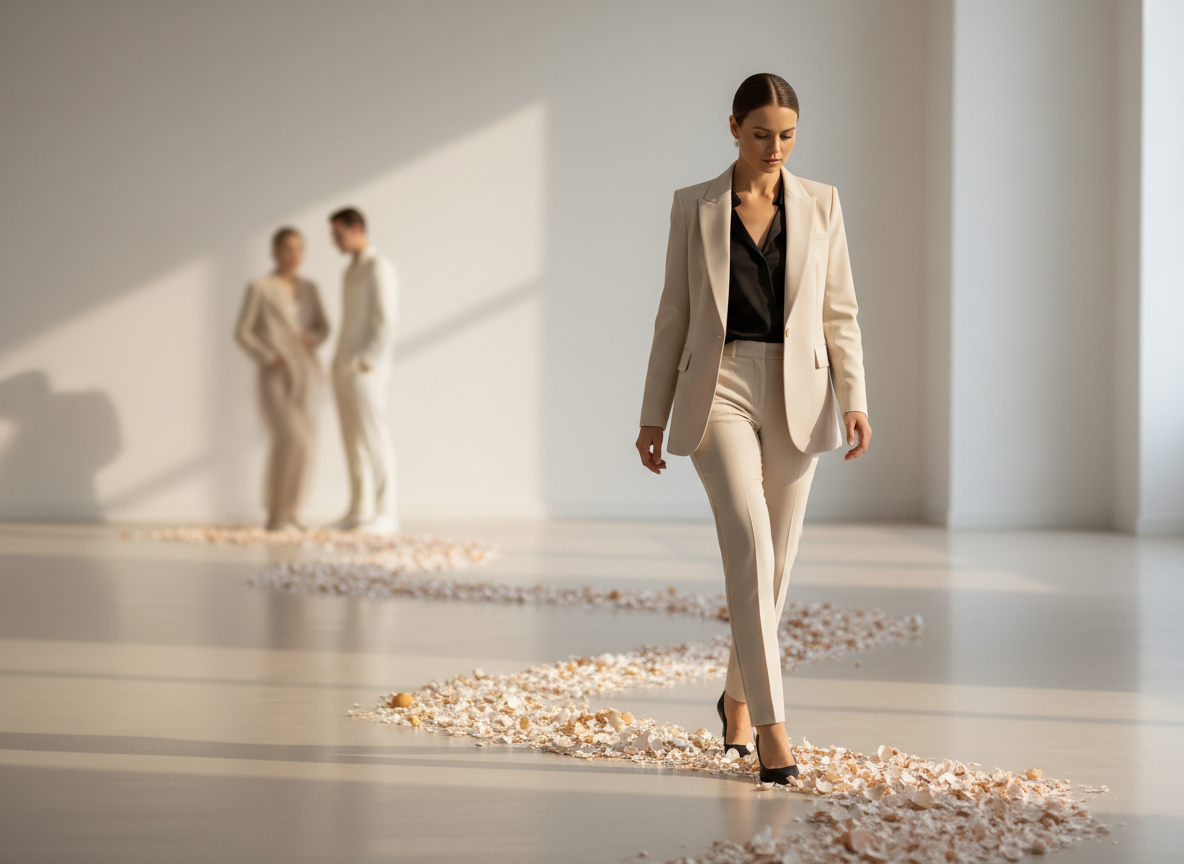 Woman walking on a path of shells.