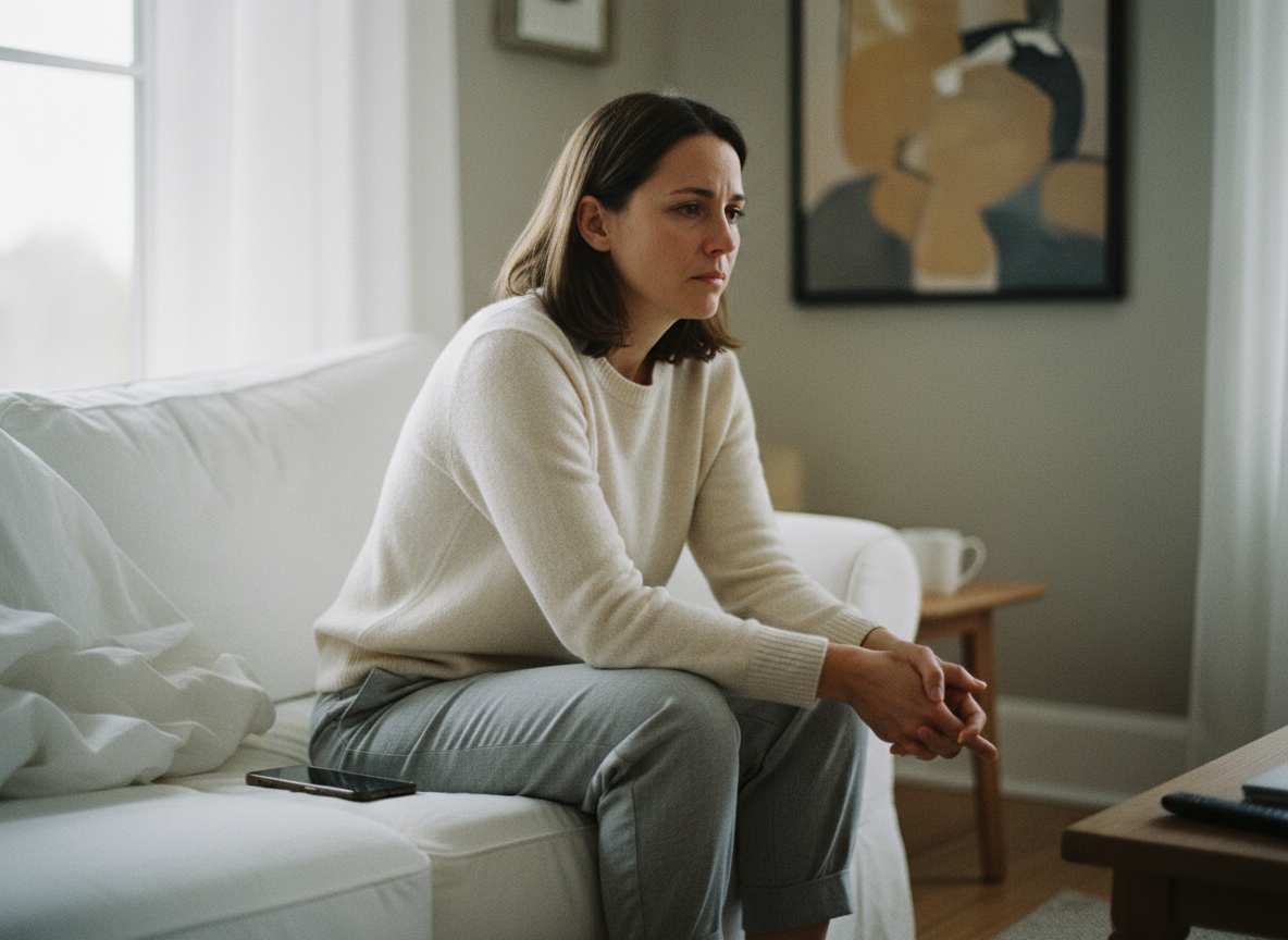 Woman sitting, looking pensive and anxious.