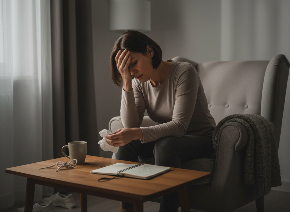 Woman looking distressed in living room