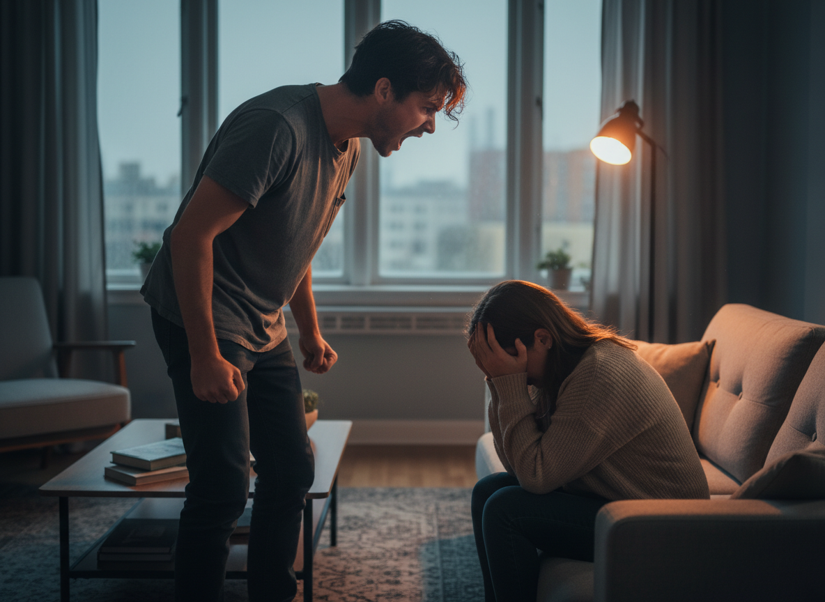 Man yelling at woman in distress