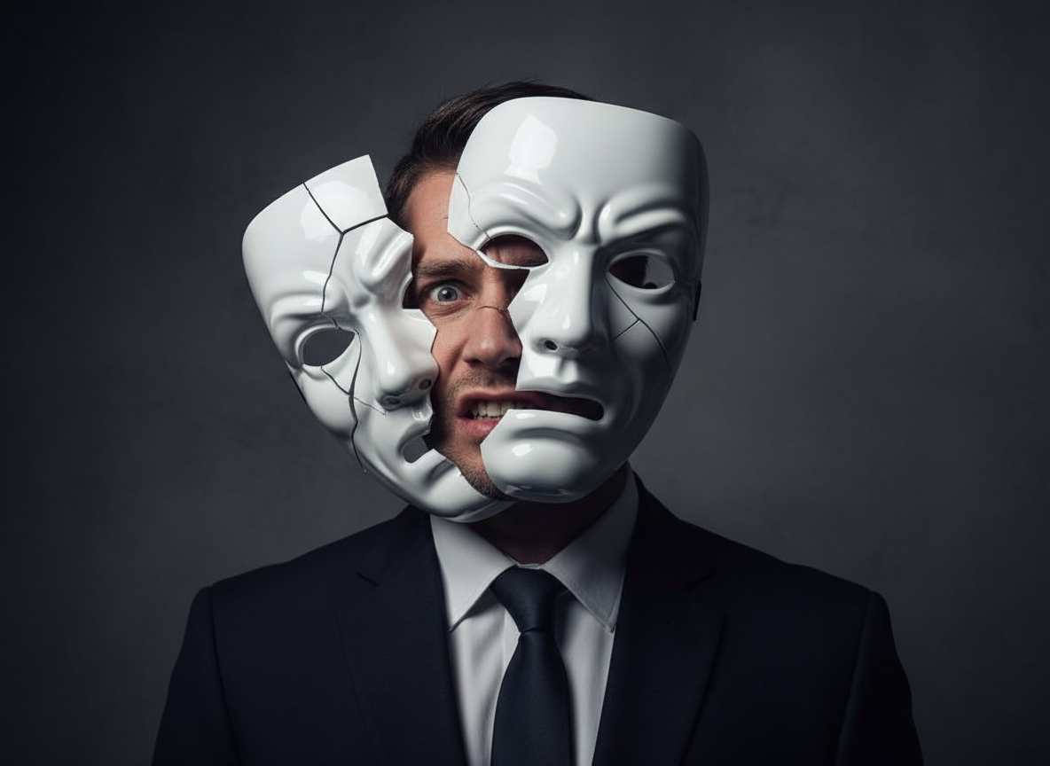 Man with dual masks expressing conflict